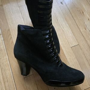 Clarks Black Ankle Booties with Glossy Accents